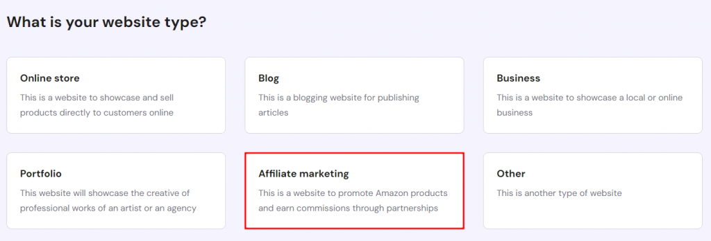 Website types in Hostinger onboarding flow, highlighting the affiliate marketing option