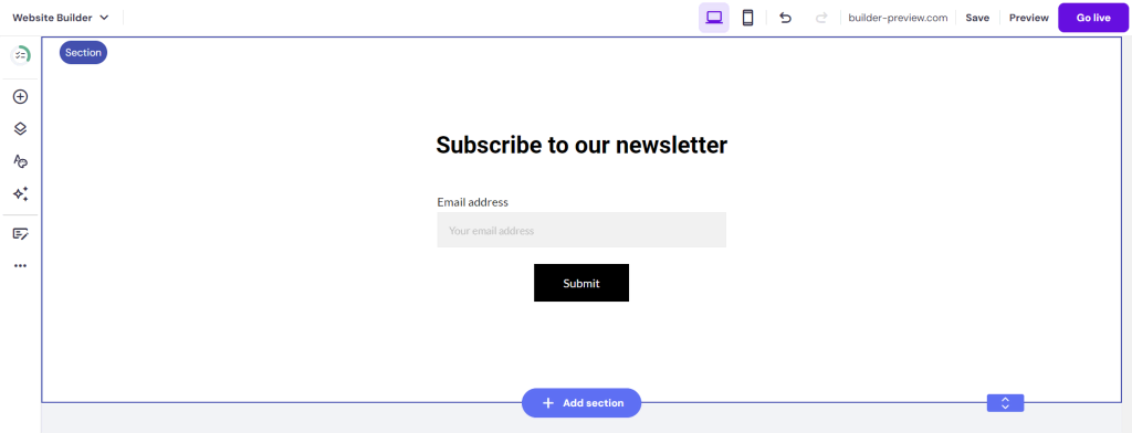 A subscription form made with Hostinger Website Builder