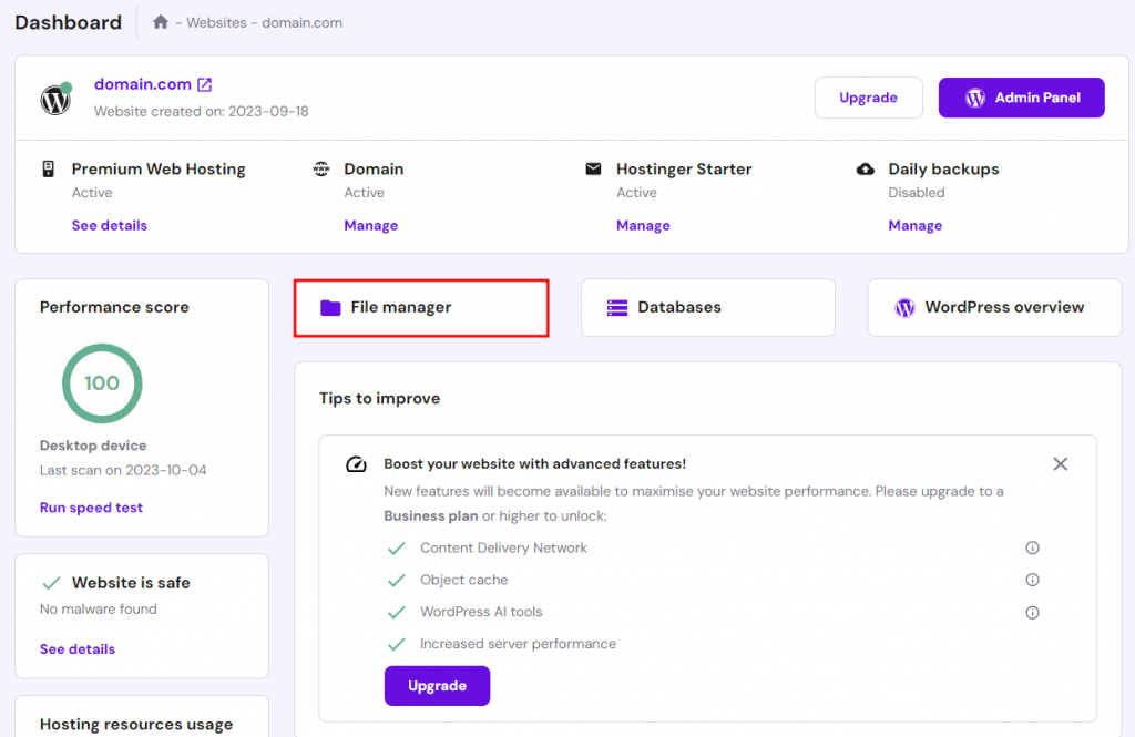 hPanel dashboard, highlighting the button to access File Manager
