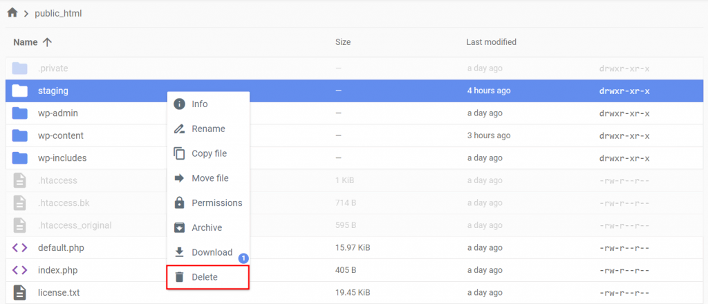 Hostinger File Manager, highlighting the option to delete a folder
