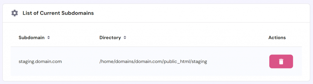 The list of current subdomains in hPanel with a delete button to remove each
