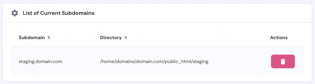 The list of current subdomains in hPanel with a delete button to remove each

