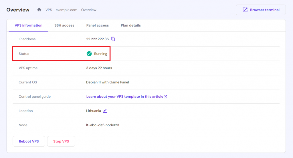 Checking the server status on the VPS information tab of hPanel