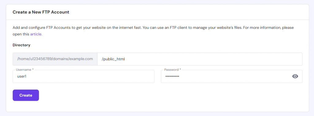 Creating a new FTP account on hPanel