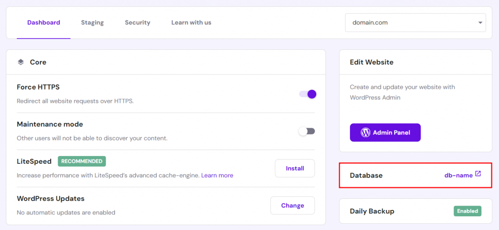 WordPress dashboard in hPanel, highlighting the site's database name
