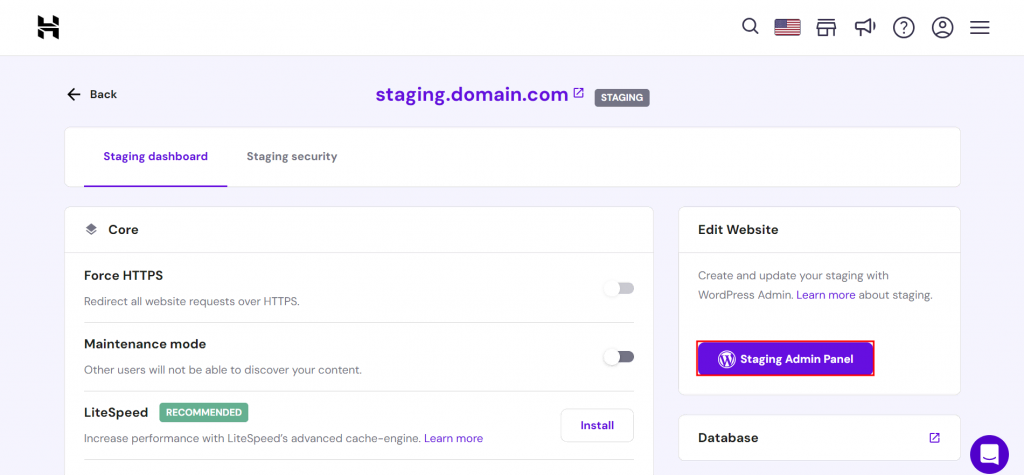 WordPress staging dashboard in Hostinger, highlighting the button to access the admin area
