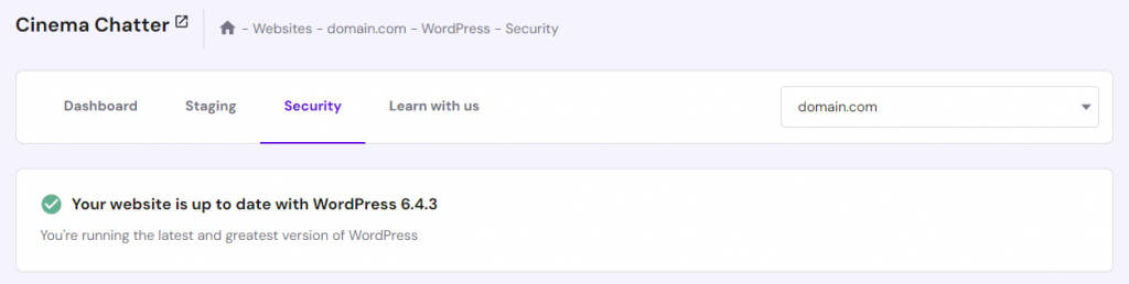 WordPress security section in hPanel, showing the current version of the CMS
