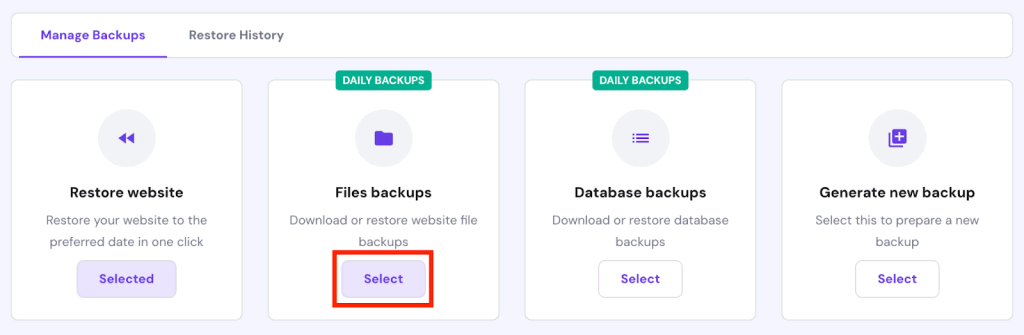 Select button highlighted under files backups