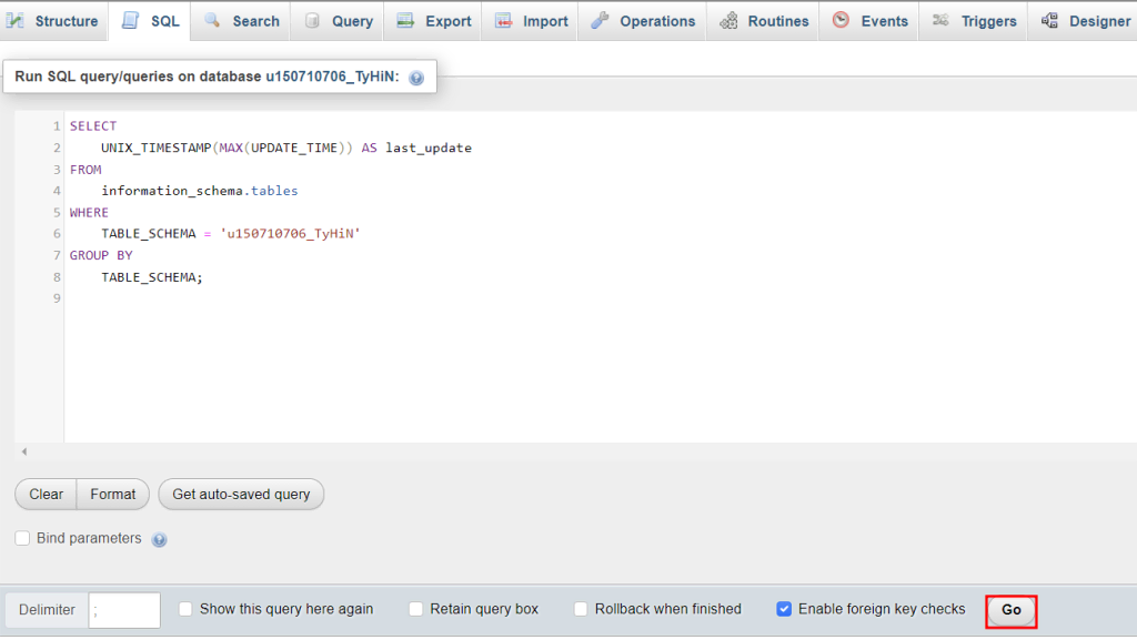 The SQL tab in an MySQL database