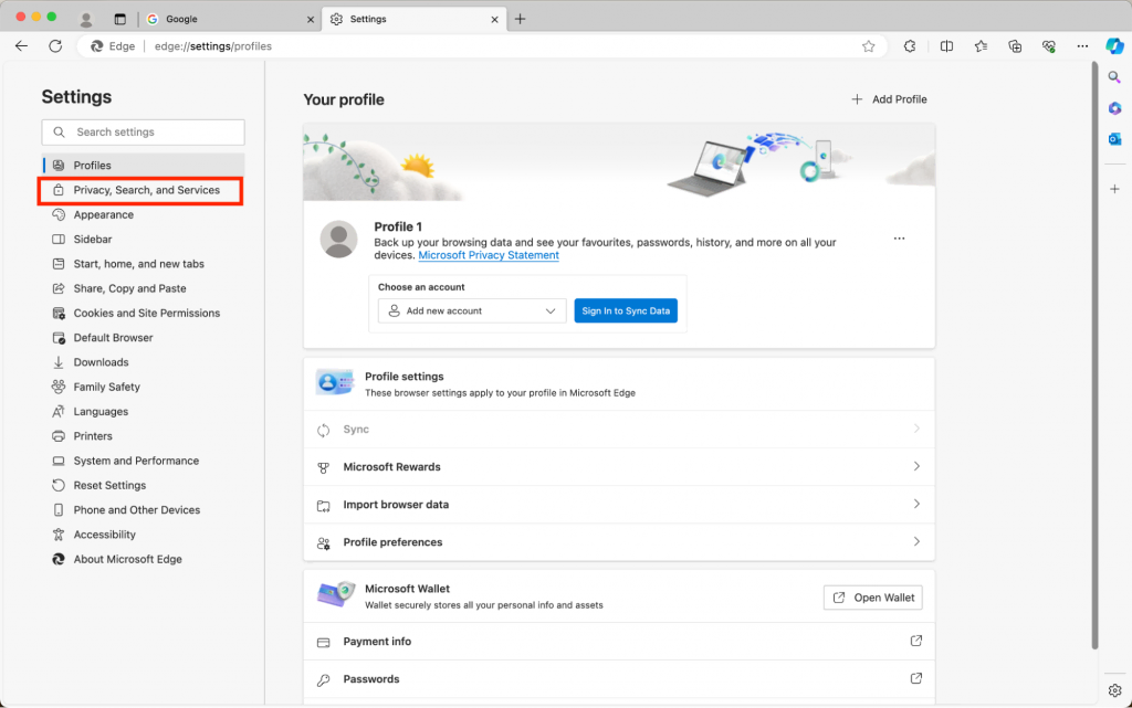 Microsoft edge settings page with privacy, search and services highlighted