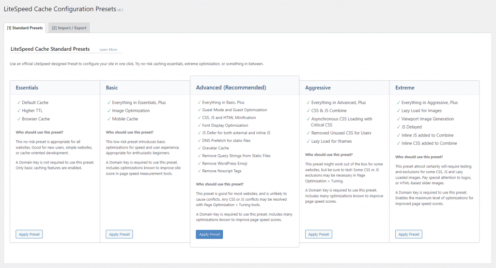 LiteSpeed Cache's interface