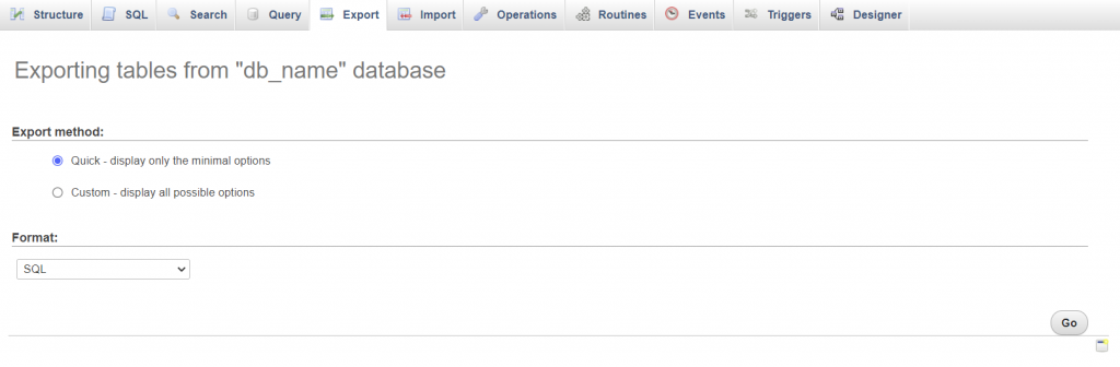 phpMyAdmin export tab
