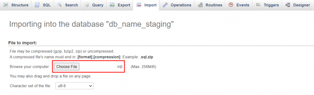 phpMyAdmin import tab, highlighting the button to upload the downloaded database file
