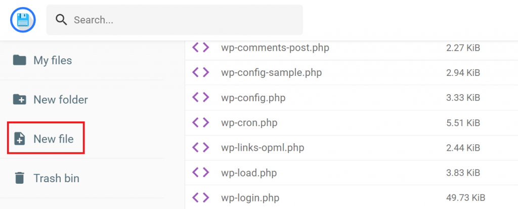 The New file button in Hostinger's File Manager