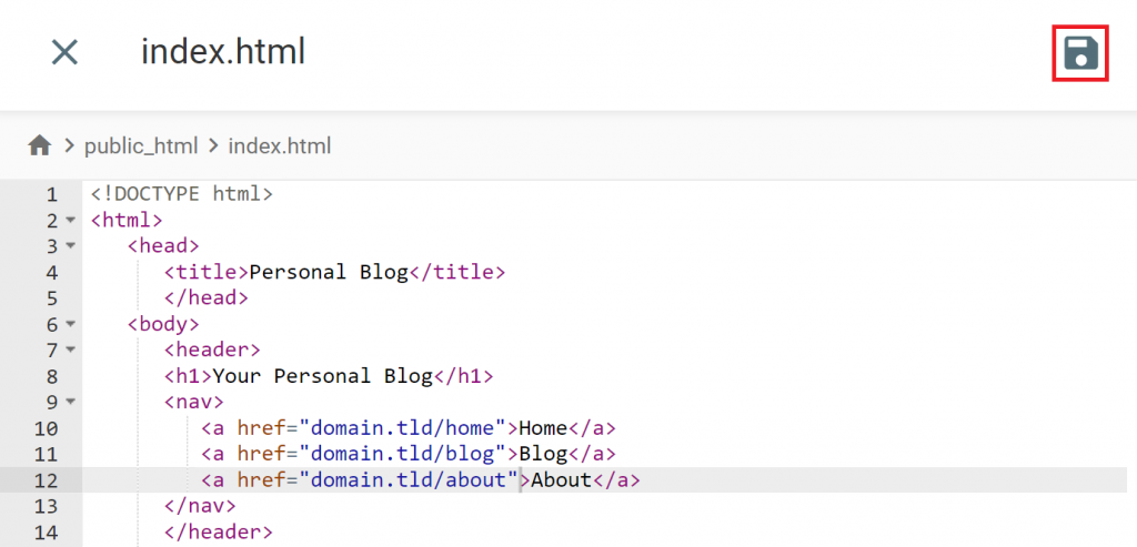 The save button in Hostinger File Manager's code editor