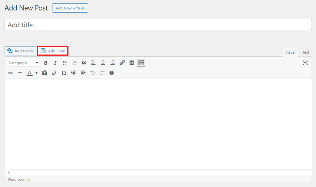 Adding a new form in a WordPress post using the Classic Editor

