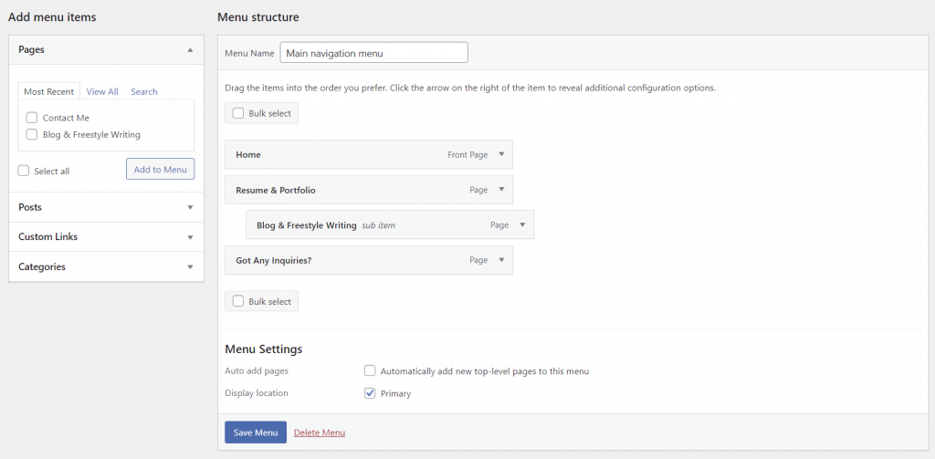 WordPress menu settings