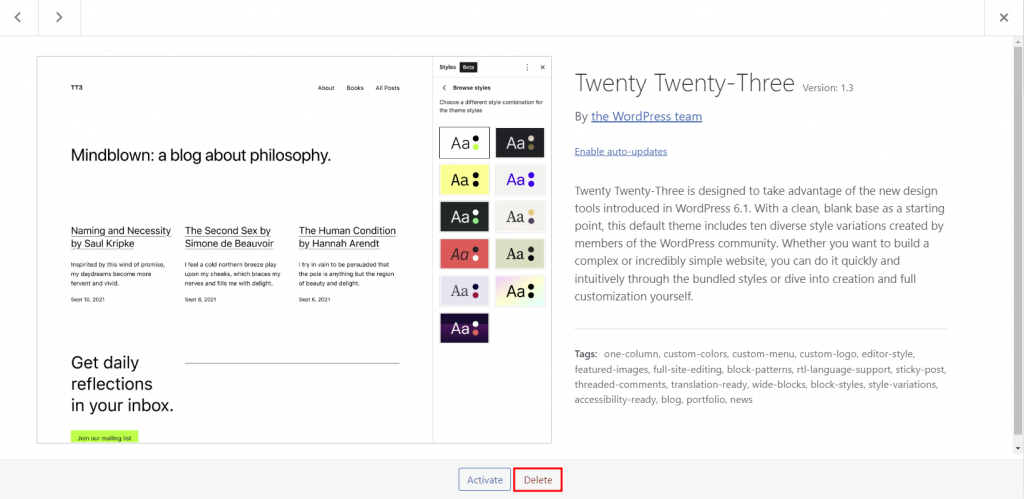 WordPress theme details, highlighting the delete option
