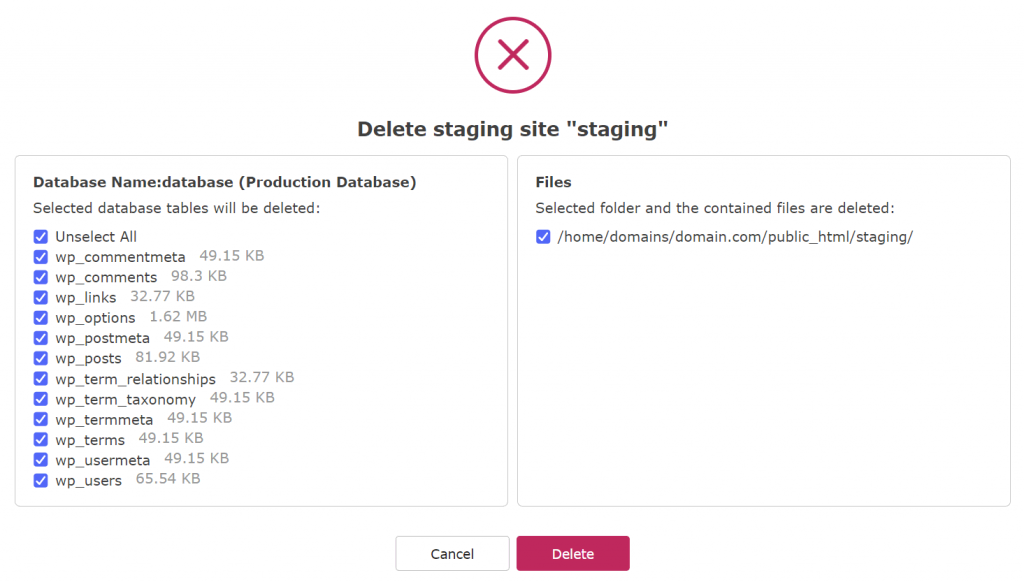 Staging site deletion confirmation popup with lists of database and folder items
