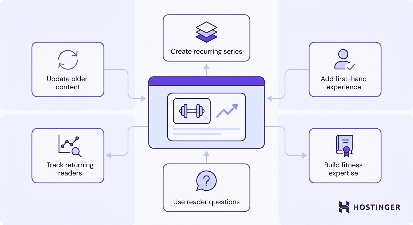 A blog content dashboard surrounded by six labeled strategy nodes connected by thin arrows, illustrating a cyclical fitness blog growth system.