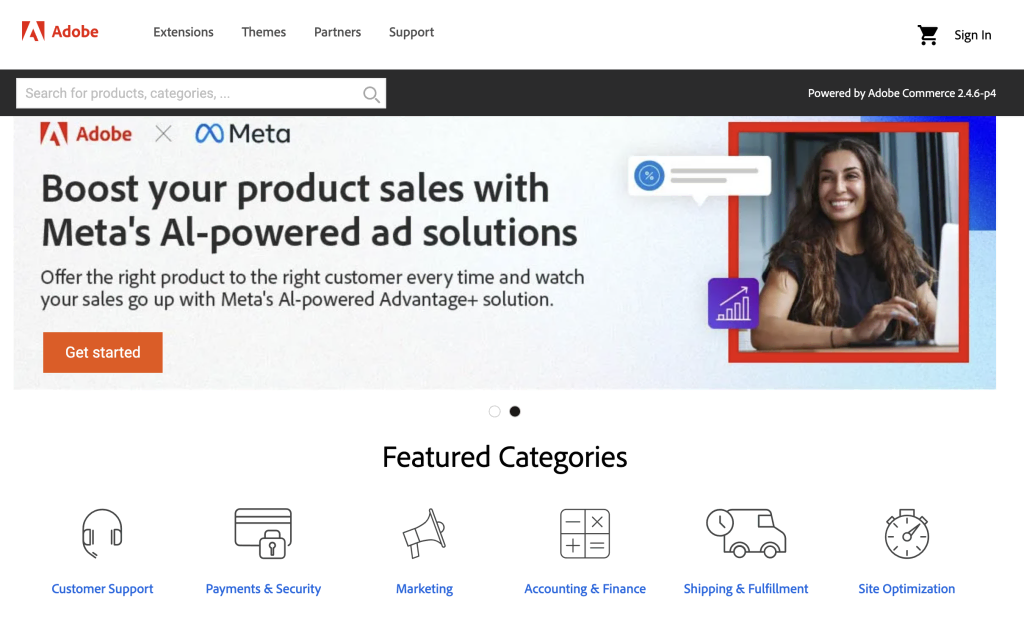 Adobe Commerce's official homepage
