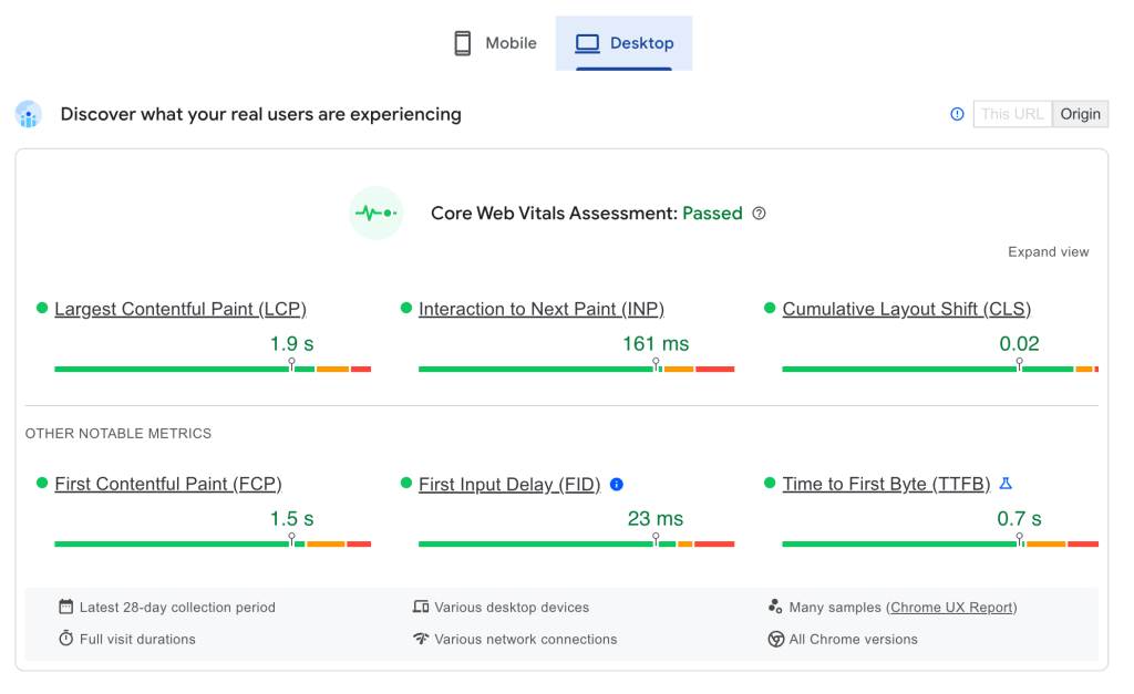 Core Web Vitals assessment on PageSpeed Insights