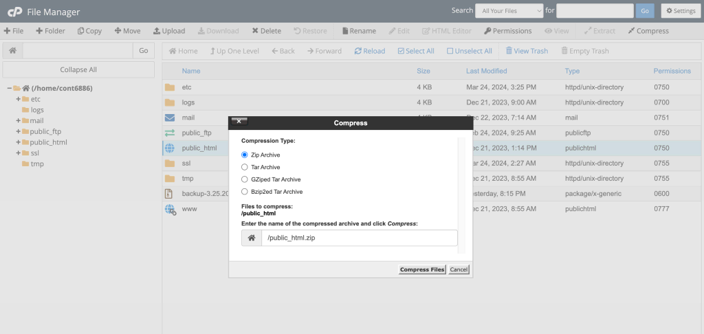 cPanel file manager public_html compression type