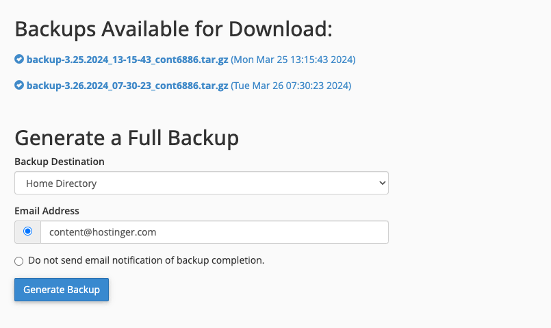cPanel full backup generate backup page