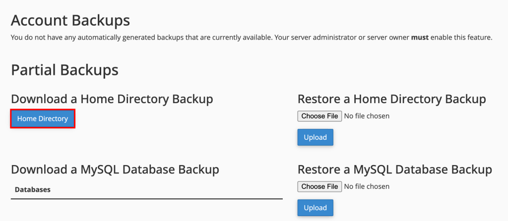cPanel partial backups highlighting home directory button