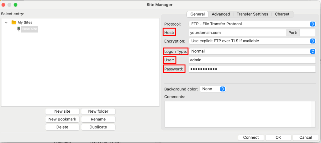 FileZilla new site setup options