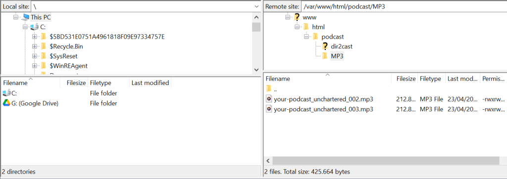 FileZilla user interface after connecting to the podcast server