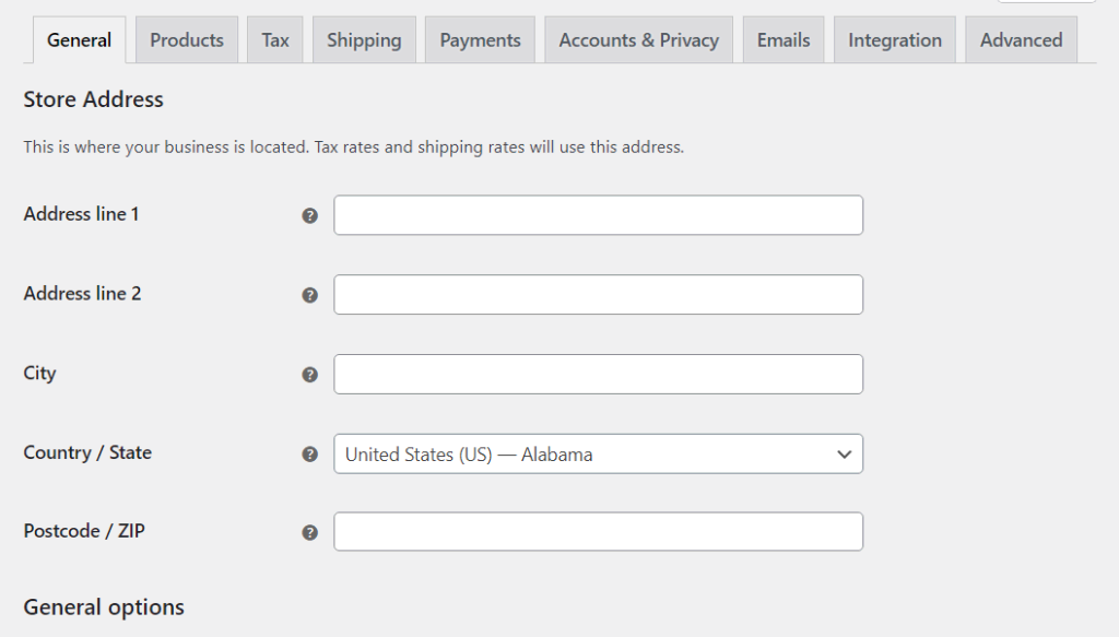 General WooCommerce settings.