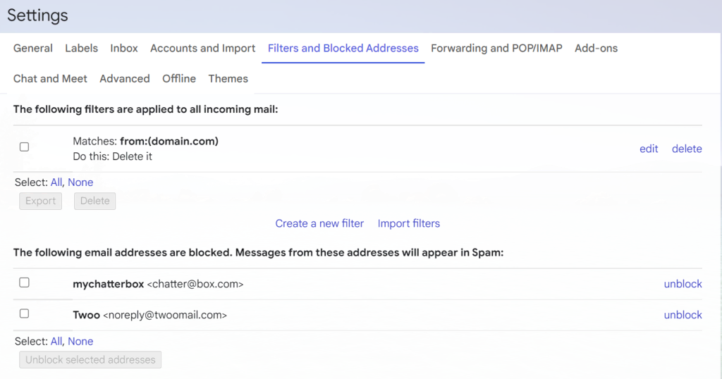 Gmail settings, showing filters and blocked addresses