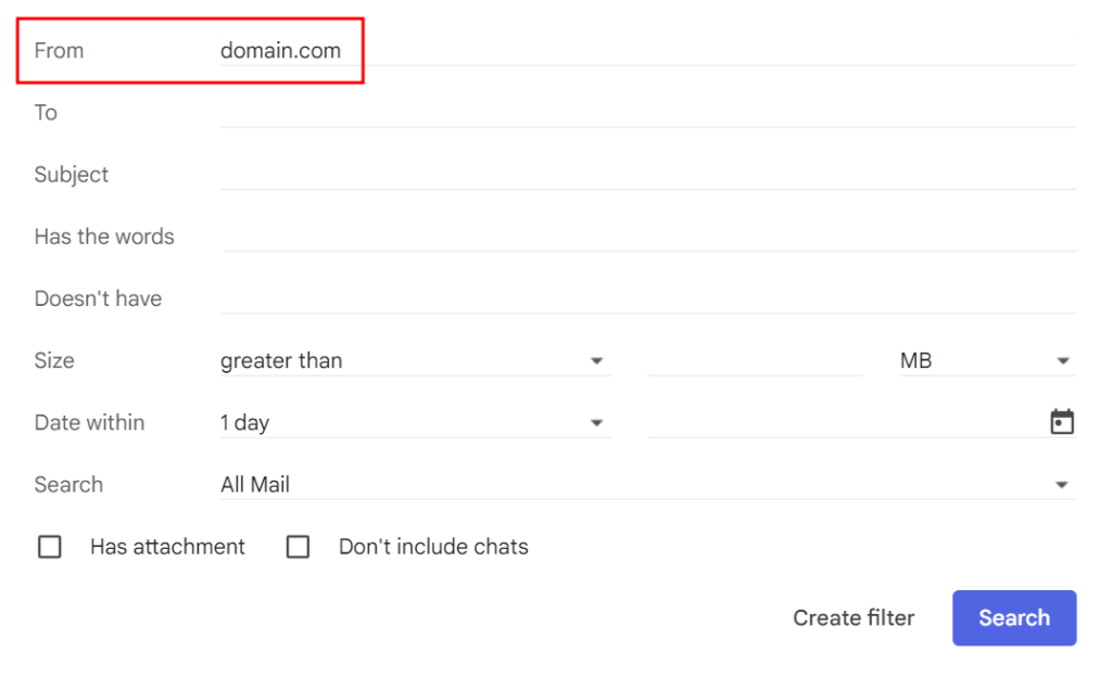 Creating a rule to filter messages, highlighting the field to enter the targeted domain name