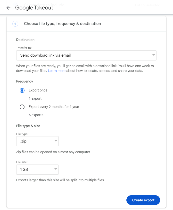 Setting up export options on Google Takeout
