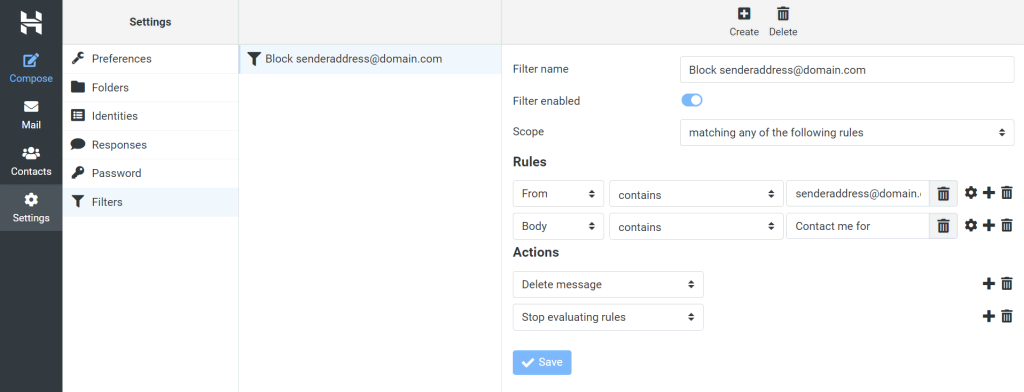 Hostinger webmail settings where use can manage their filters