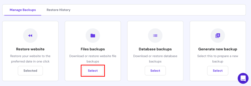 hPanel files backups highlighting the select button