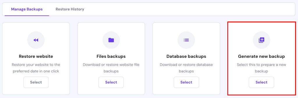 hPanel generate new backup option