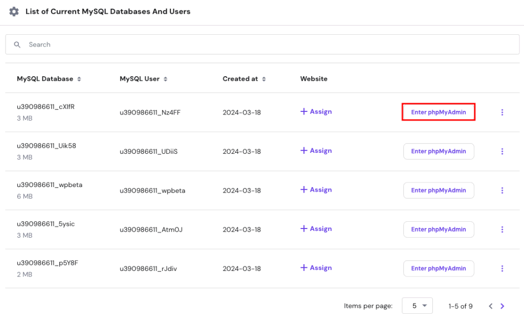 hPanel MySQL database highlighting Enter phpMyAdmin page