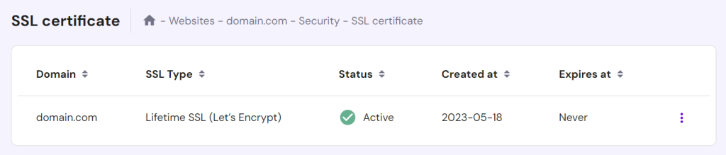 SSL section in hPanel