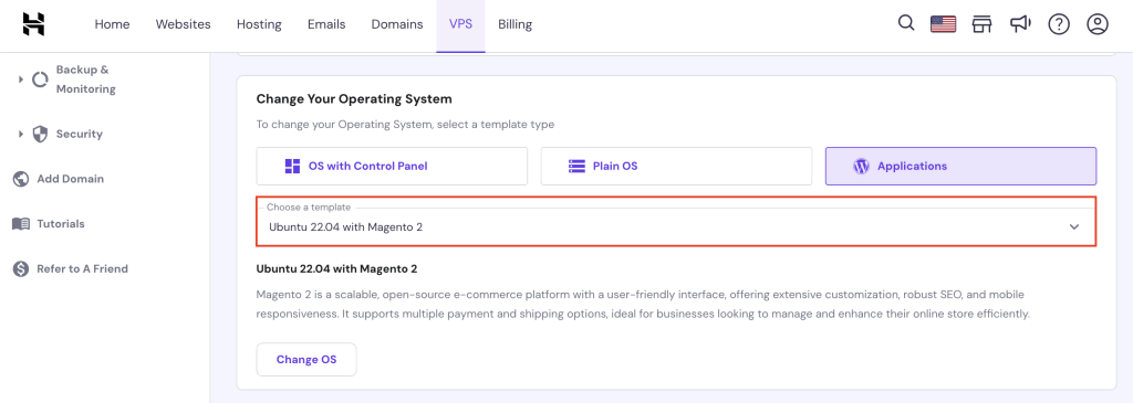 Installing the Ubuntu 22.04 with Magento 2 VPS template on Hostinger's hPanel