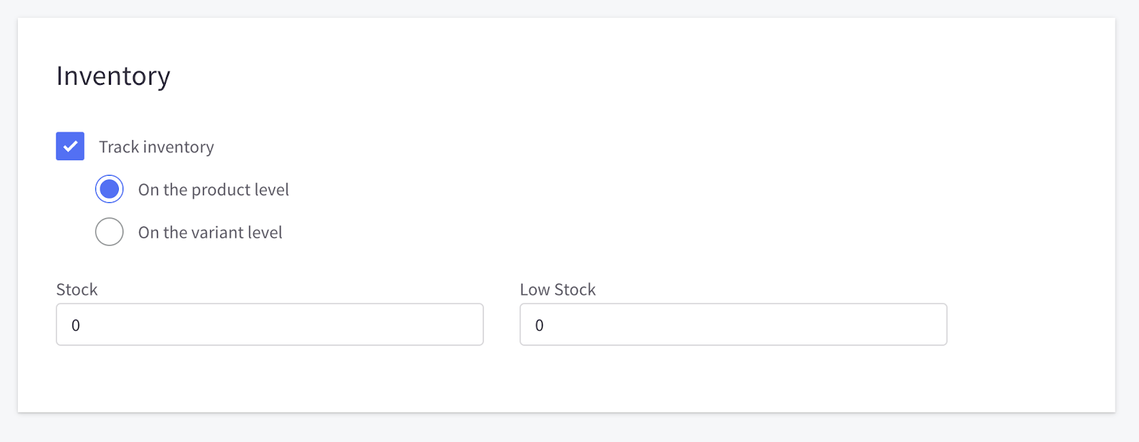 Inventory tracking settings for a product in BigCommerce