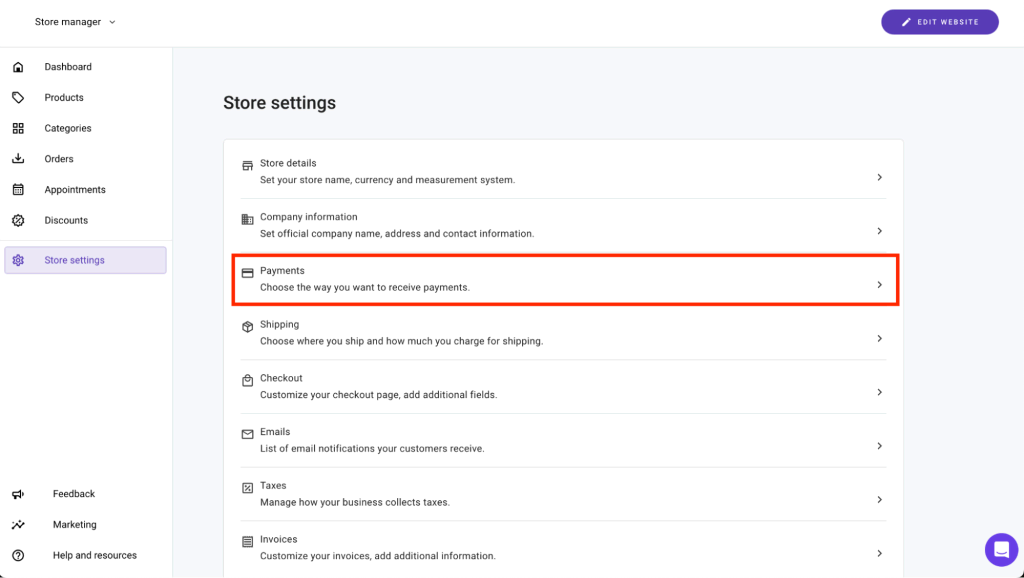 Payments section highlighted in the Store settings
