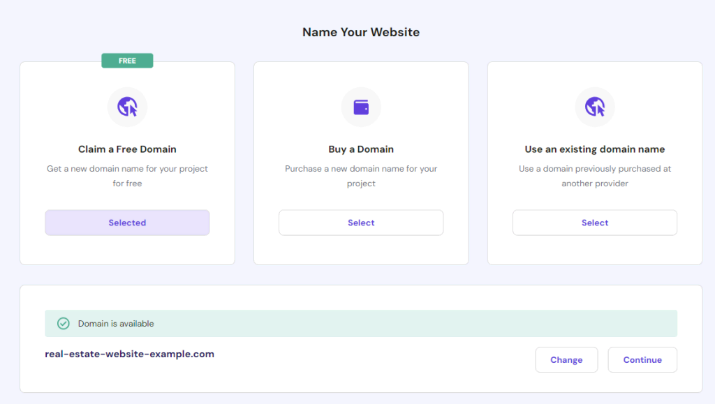 The Name Your Website page in hPanel