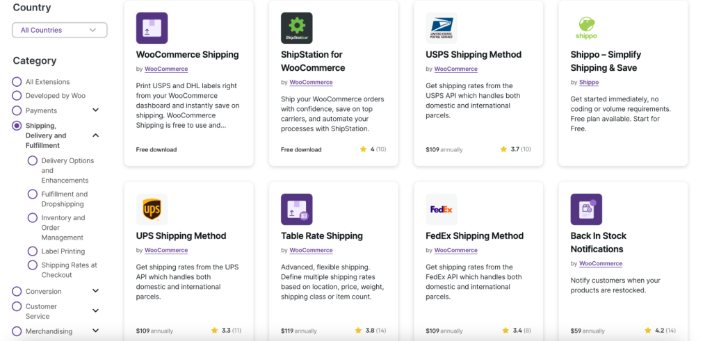 grid of shipping extensions in the WooCommerce marketplace