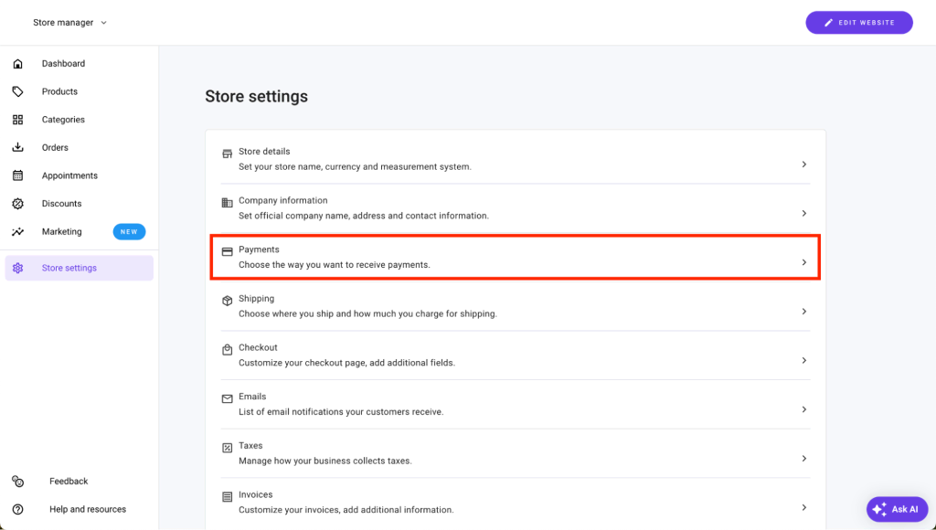 Payments section highlighted in the store settings