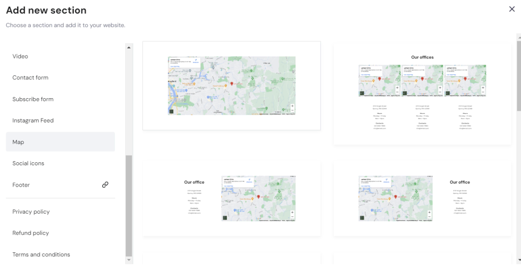 The Map section templates in Hostinger Website Builder