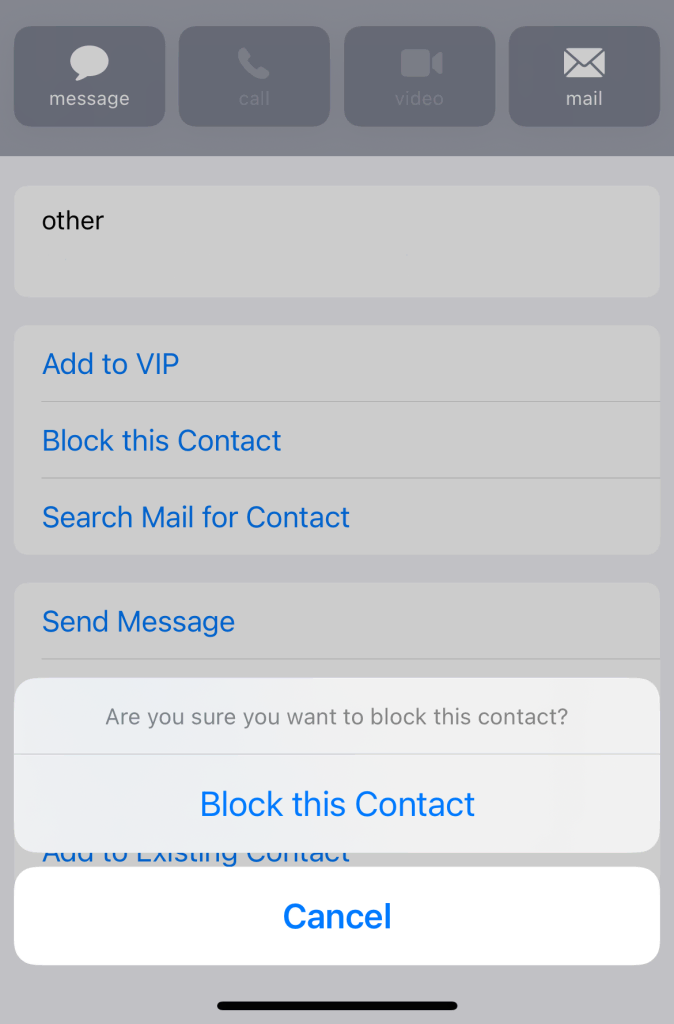 The confirmation page to block a sender in iOS