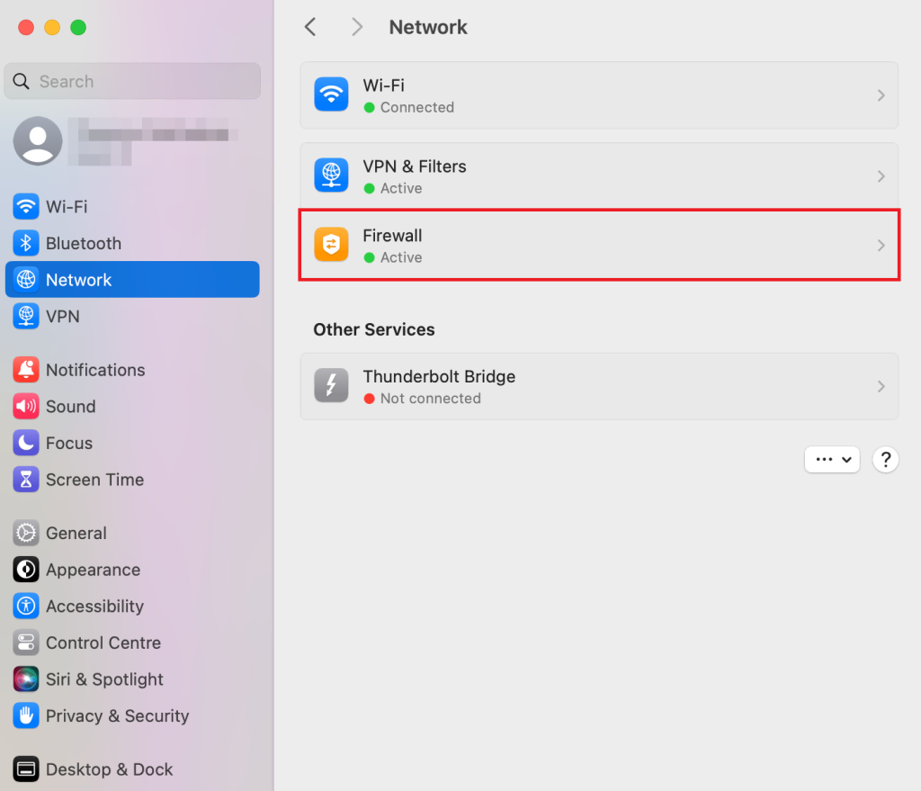 Network settings in macOS, highlighting the Firewall section