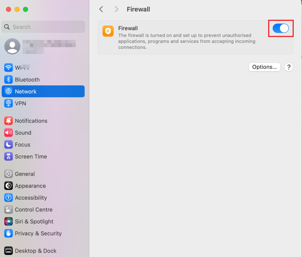 Firewall section in macOS, highlighting the toggle to turn it off